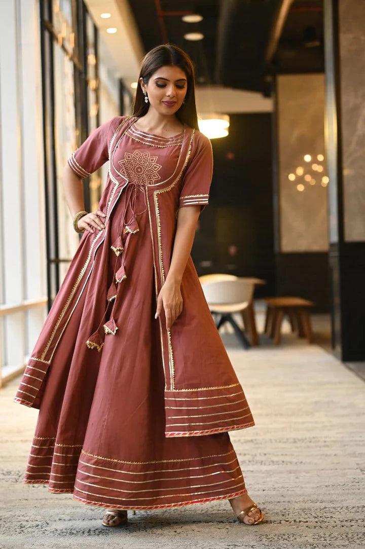 Pink Shade Cotton Handblock Gold Printed Gown with Gota Work
