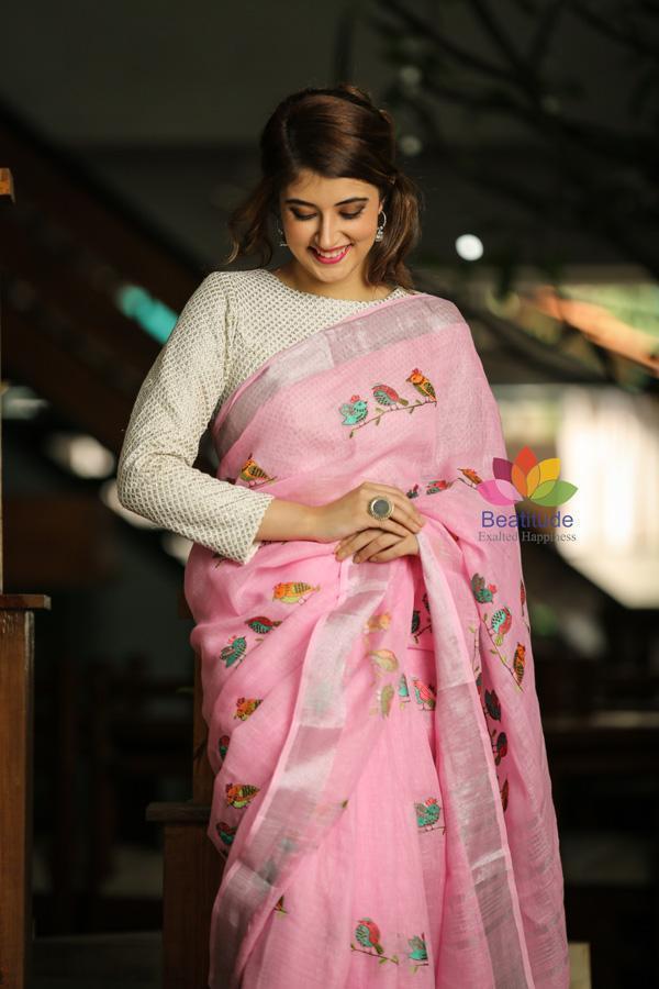 Elegant Pink Linen Silk Embroidery Saree With Silver Border - Loomfolks