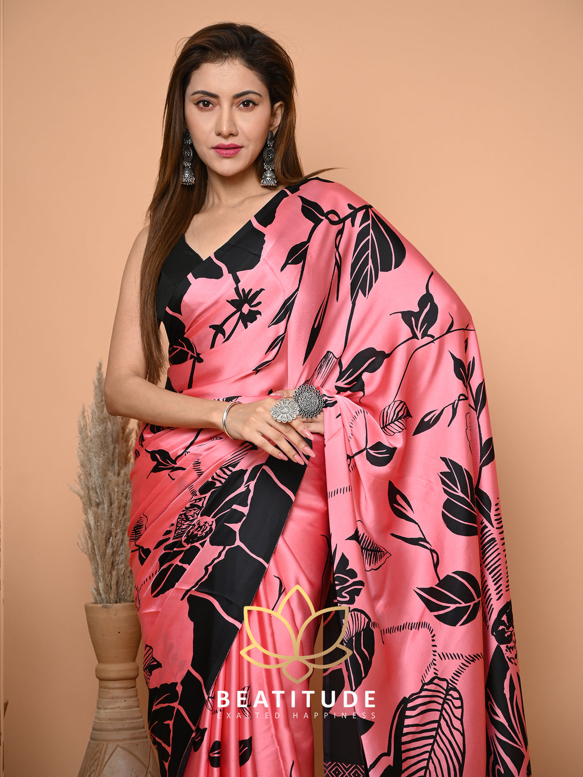 Pink Printed Satin Crepe Saree – Beatitude