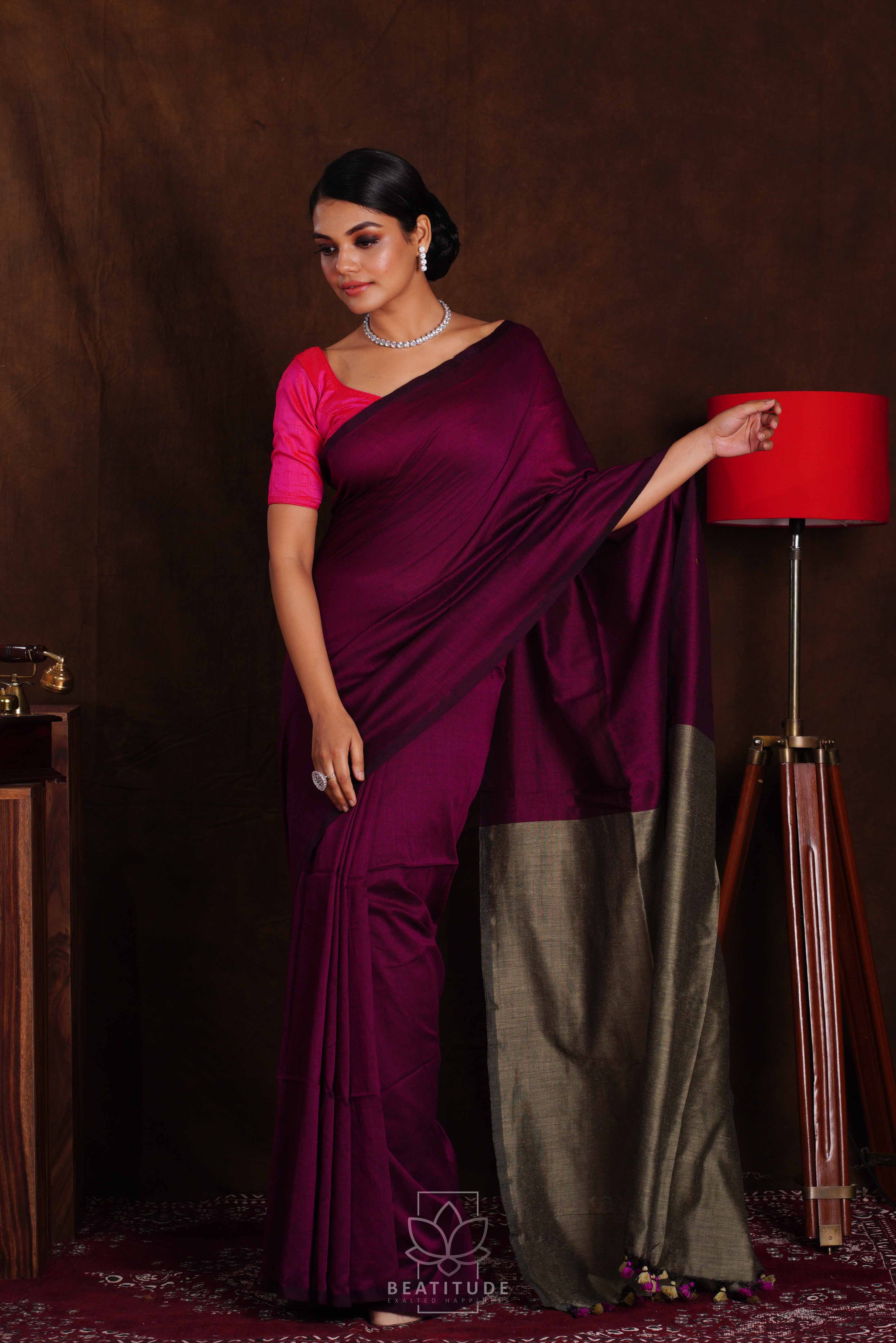 Wine Handwoven Cotton Silk Saree