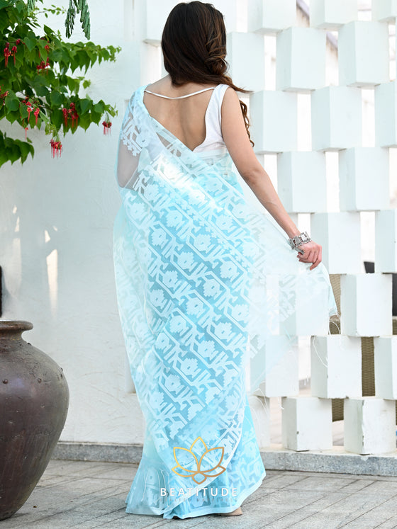 Mesmerising Blue Resham Muslin Pure Silk Saree With Blouse Embroidery -  Loomfolks