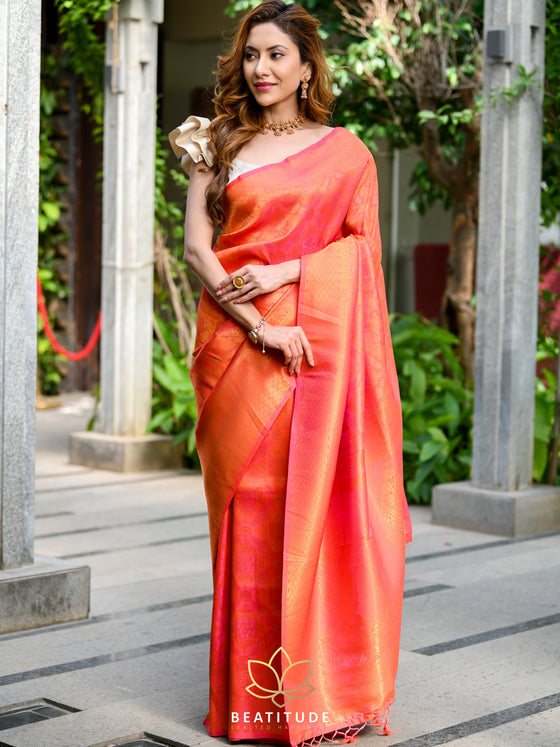 Orange Khaddi georgette Banarasi saree with meenedar leaf booti – Weaver  Street