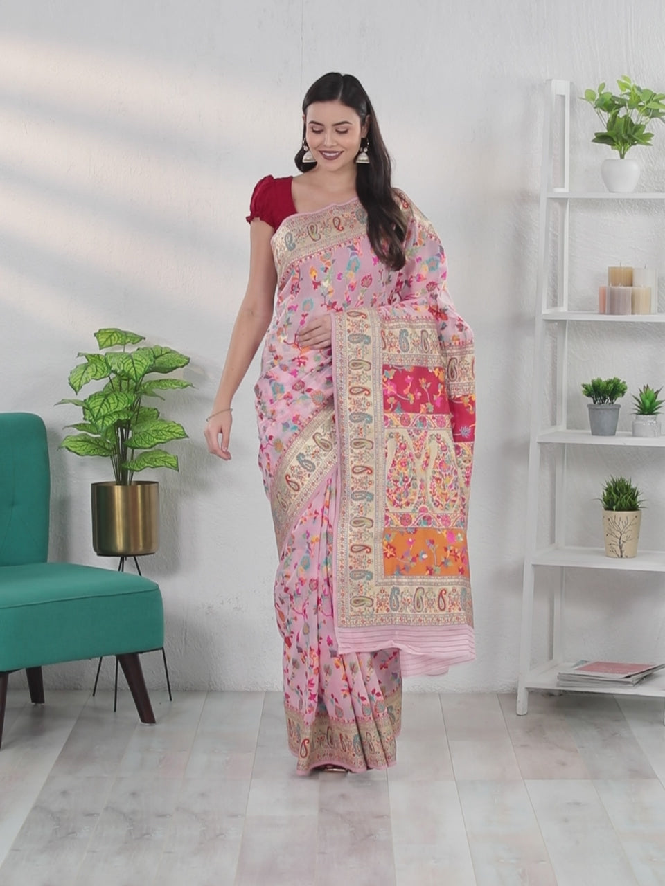 Pink Kashmiri Weaving Soft Modal Silk Saree