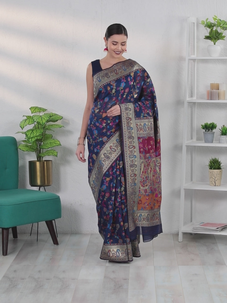 Blue Kashmiri Weaving Soft Modal Silk Saree