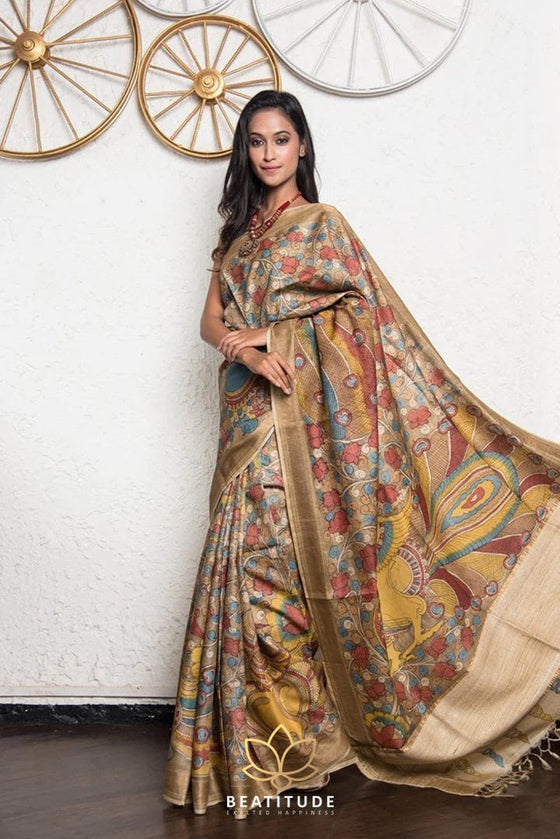 Multi-Color Handpainted Pen Kalamkari Tussar Silk Saree
