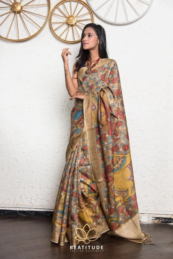 Multi-Color Handpainted Pen Kalamkari Tussar Silk Saree
