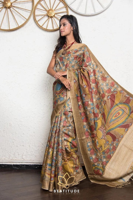 Multi-Color Handpainted Pen Kalamkari Tussar Silk Saree