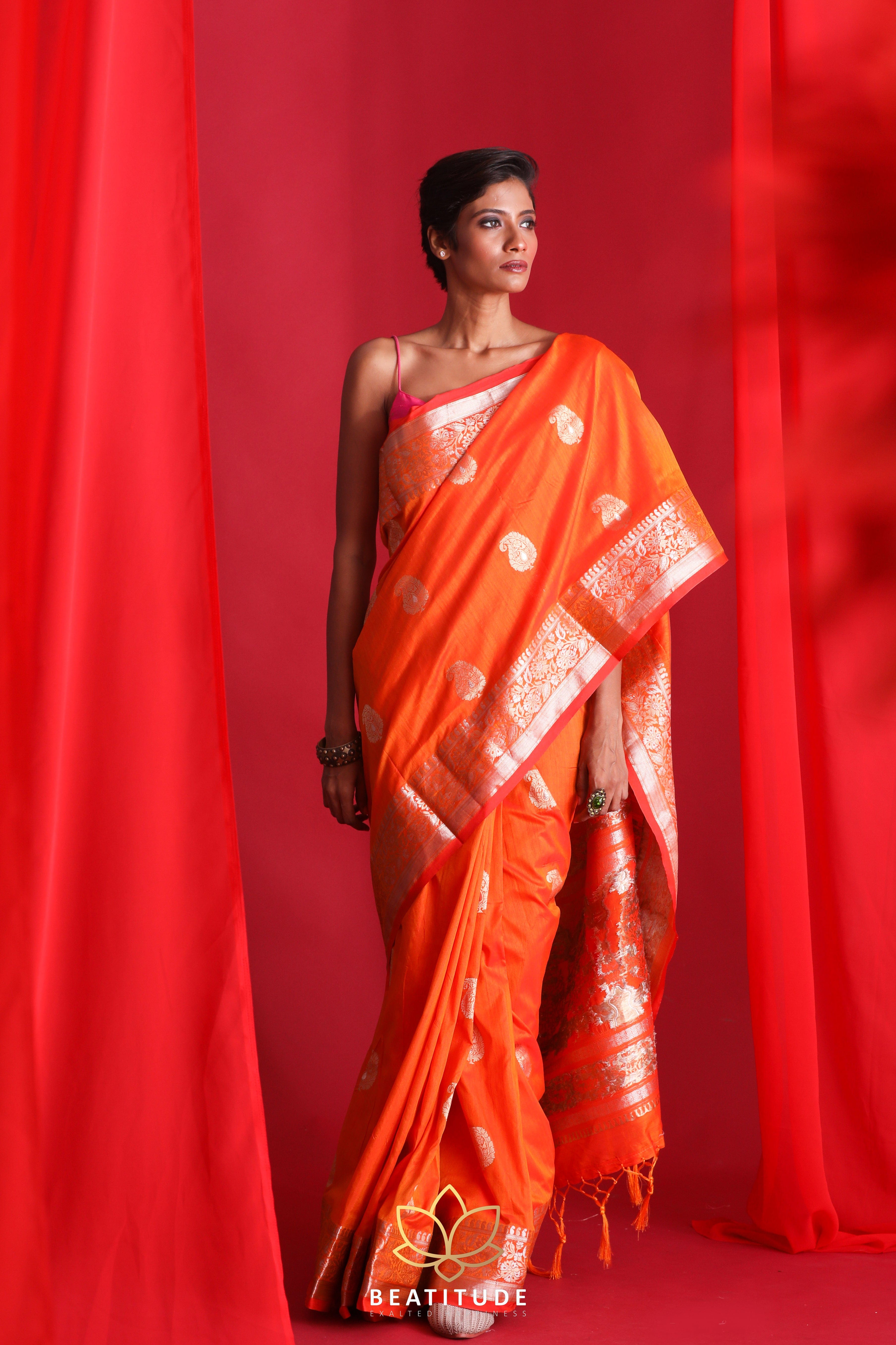 Soft Silk Saree Online | Elegant Cream and Orange Border Pure Soft Silk  Saree with Fashionable Blouse Piece – Glamatyou Fashion