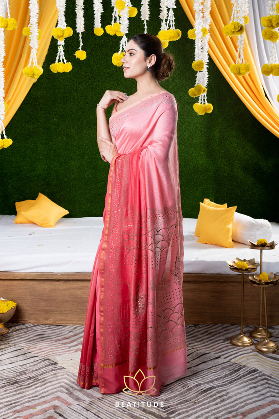 Pink Mukaish Work Chanderi Silk Saree