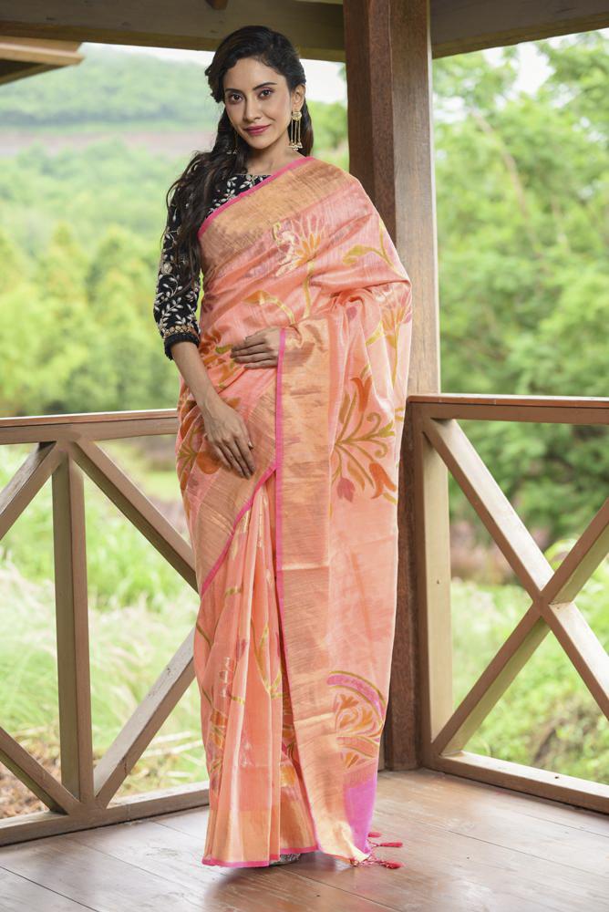 Peach Orange Shade Banarasi Matka Silk Handwoven Saree