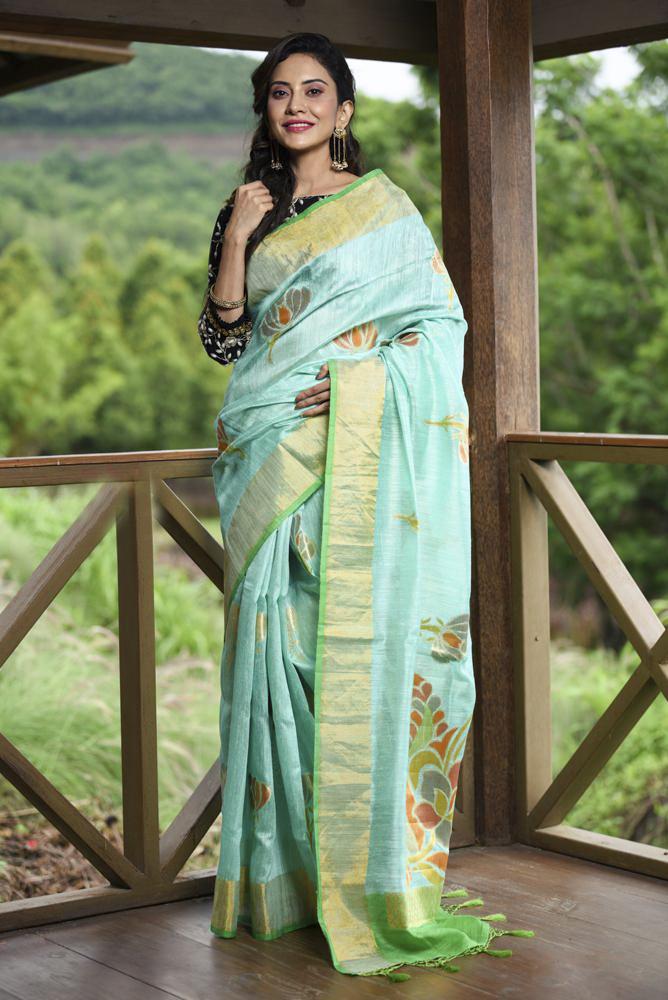 Blue Shade Handwoven Banarasi Matka Silk Saree