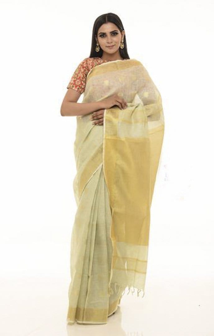 Faded Green Shade Handwoven Linen Saree with Gold Tone Design