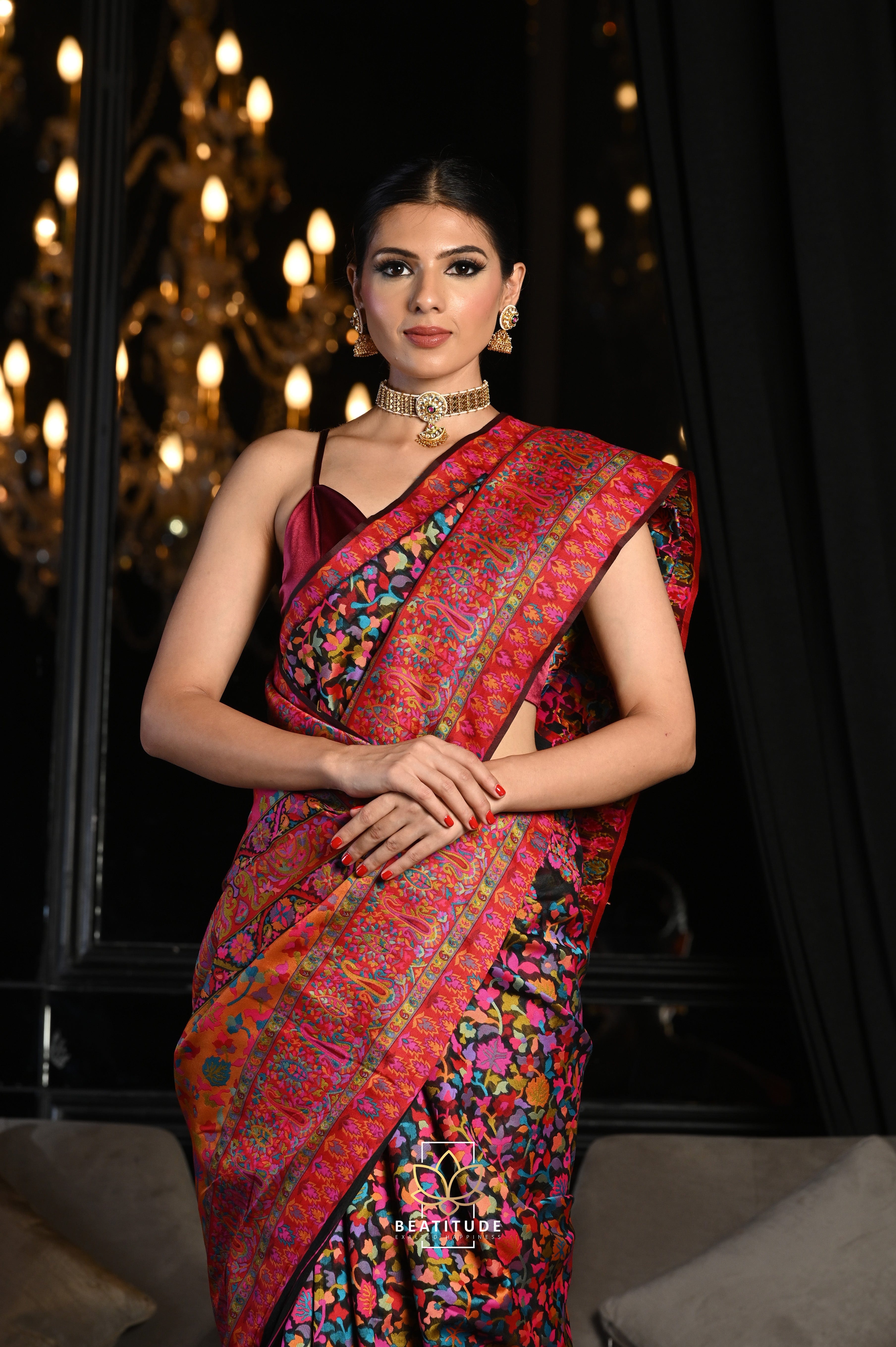 Embroidered,lace Silk Saree in Gajari with Blouse - SR23274