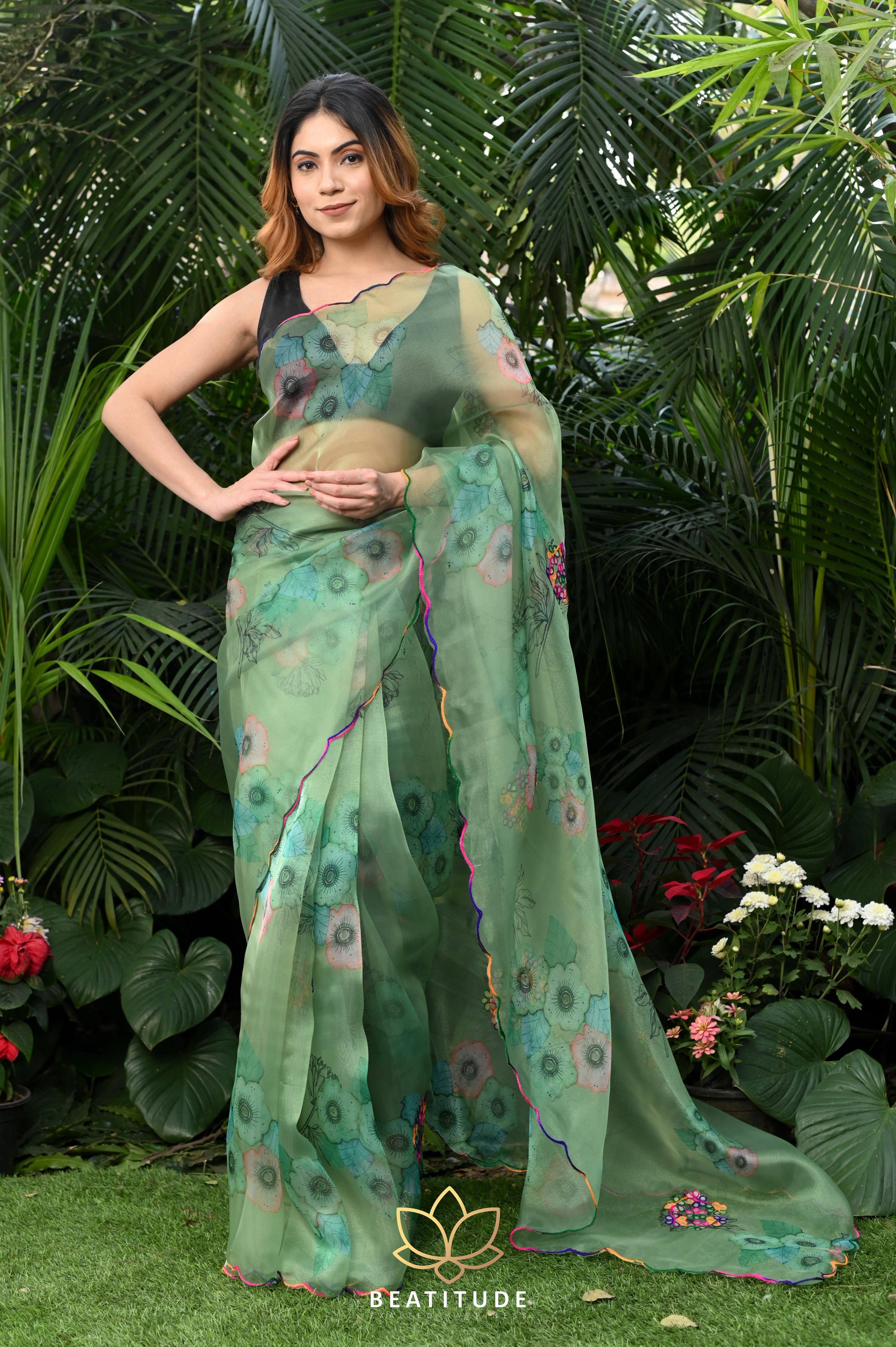 Dark Green Plain Organza Saree | Leemboodi