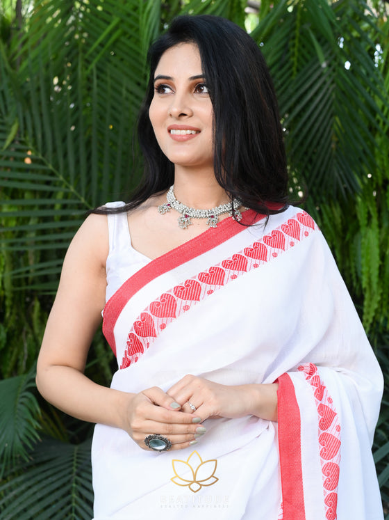 White Heart Border Motif Cotton Handloom Saree