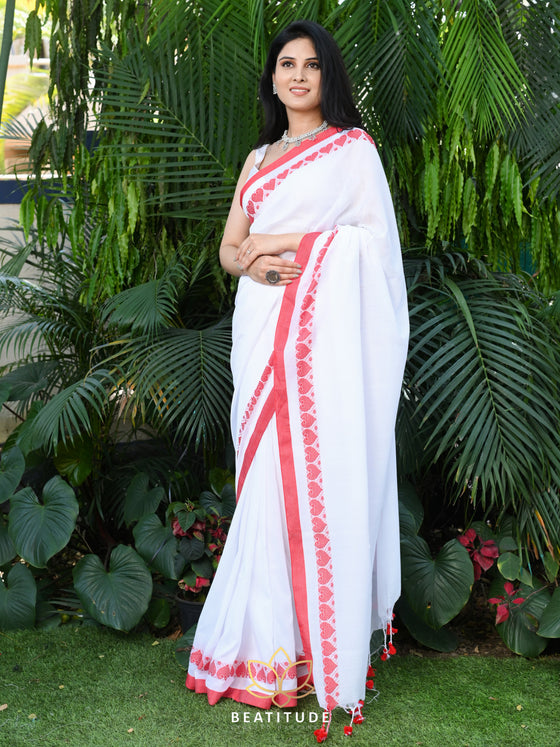 White Heart Border Motif Cotton Handloom Saree