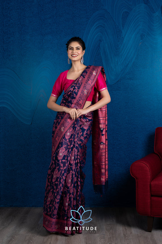 Blue Embroidered Chanderi Cotton Saree