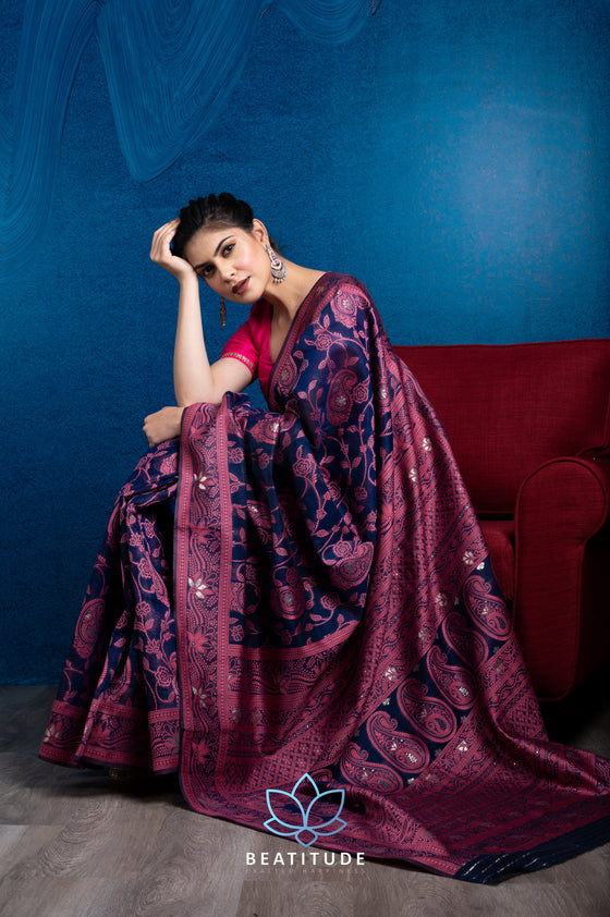 Blue Embroidered Chanderi Cotton Saree