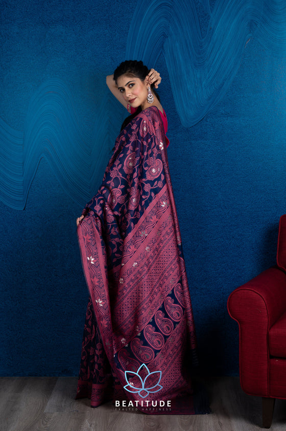 Blue Embroidered Chanderi Cotton Saree