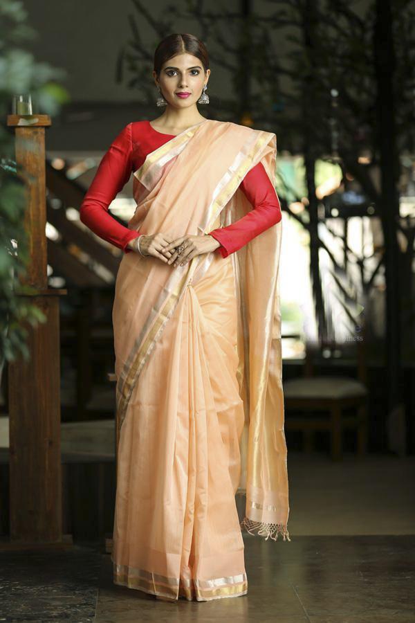 Peach Shade Handwoven Maheshwari Saree