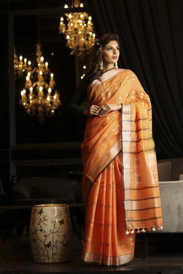 Orange Shade Handwoven Linen Saree